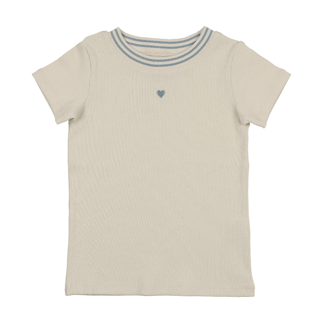 Light Blue Denim Trim Ribbed Neck Short Sleeve T-Shirt