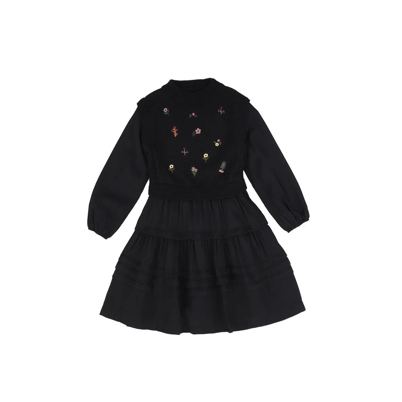 Black Pleated Detailed Dress And Embroidered Vest