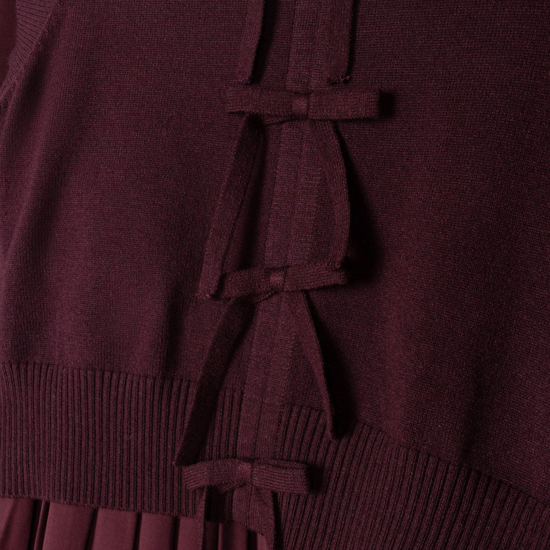 Burgundy Teen Pleated Dress W/ Bow Closure Vest