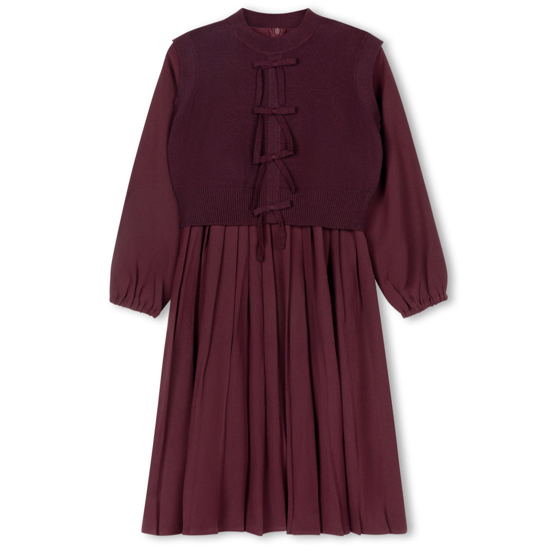Burgundy Teen Pleated Dress W/ Bow Closure Vest