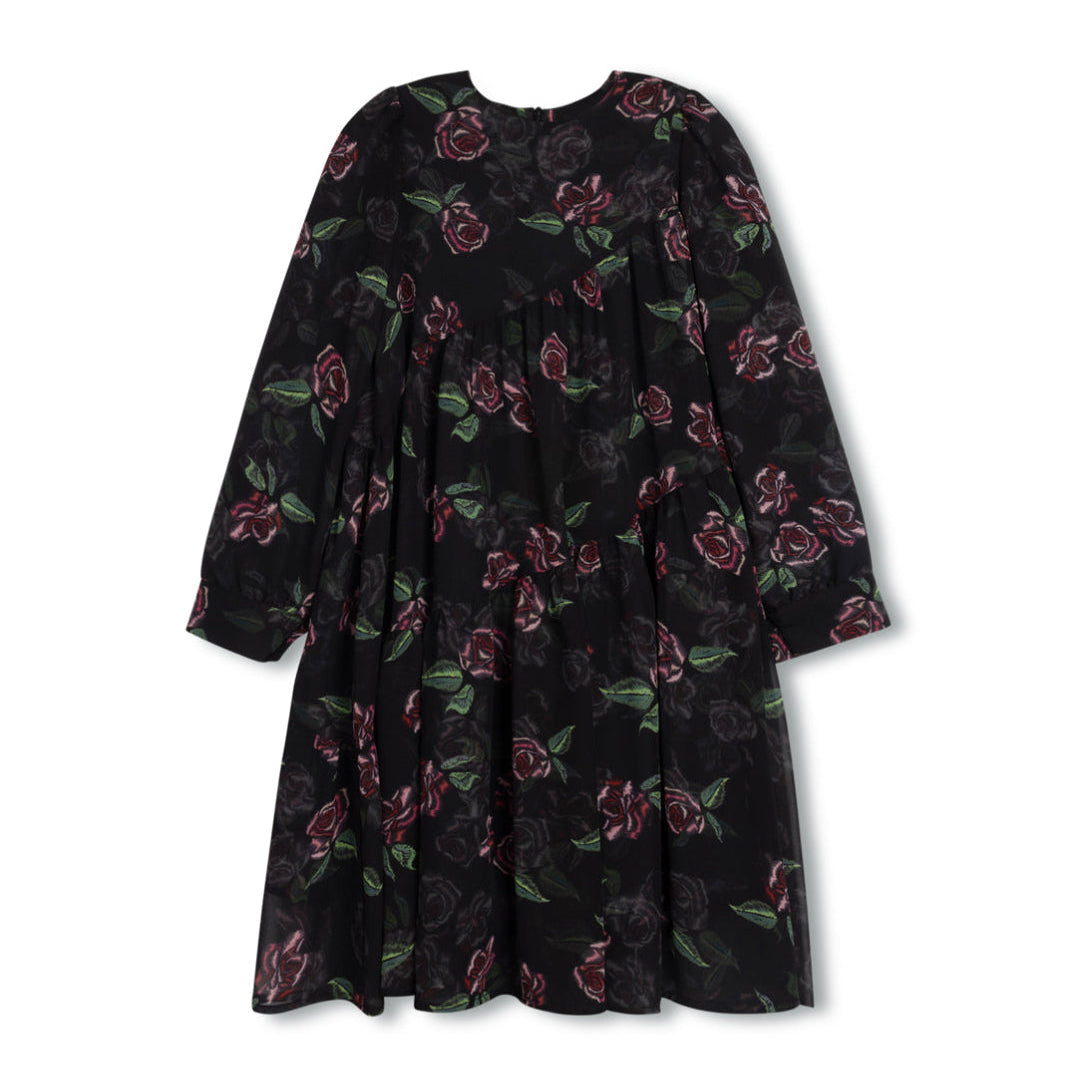 Black Printed Shear Side Tiered Teen Dress
