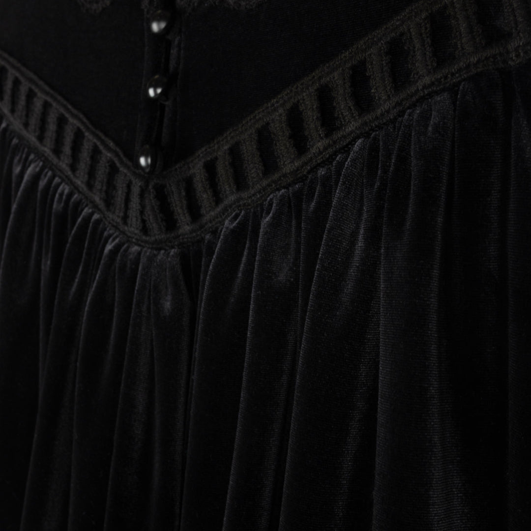 Black Velour And Eyelet Trim Midi Dress