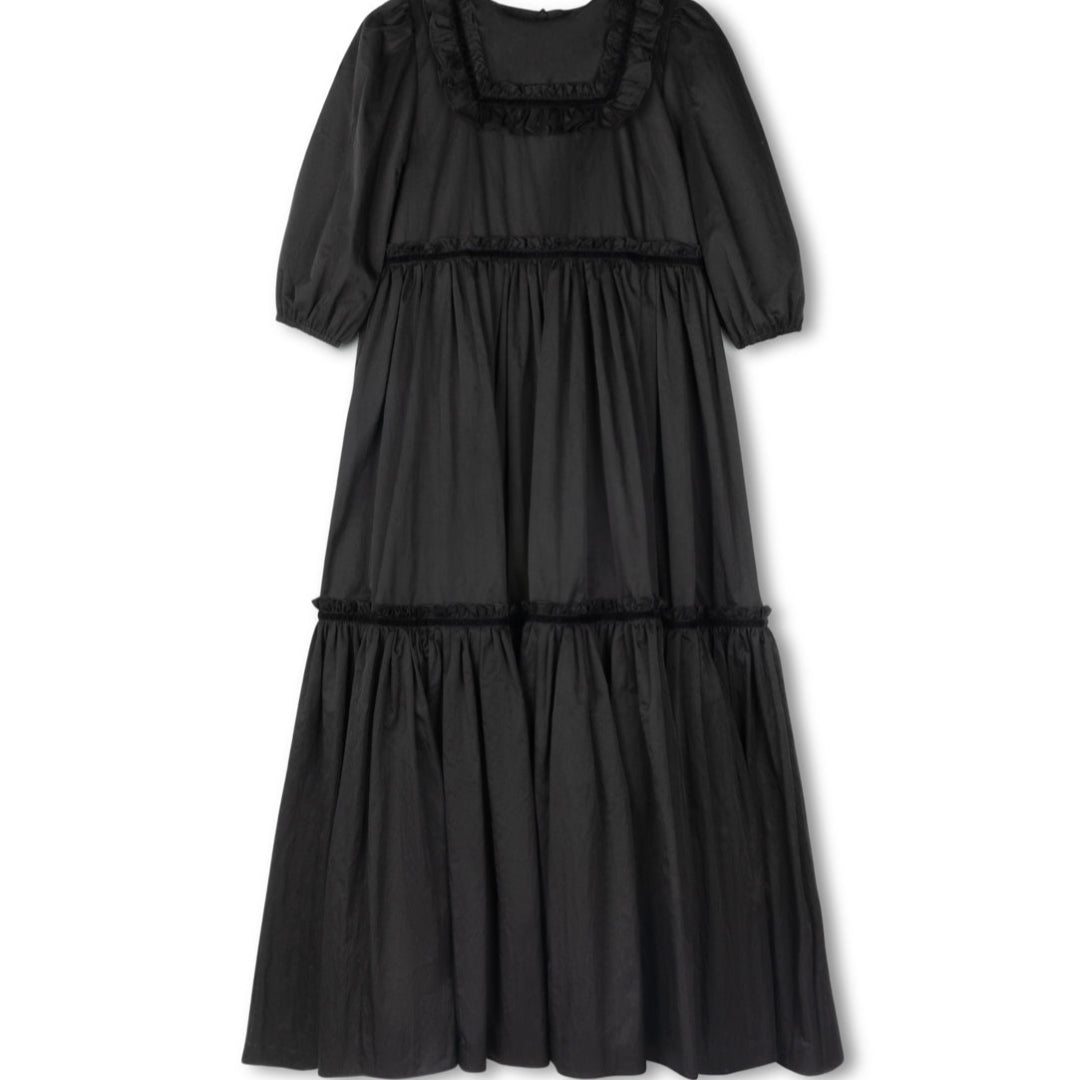 Black Taffeta Tiered Ankle Gown