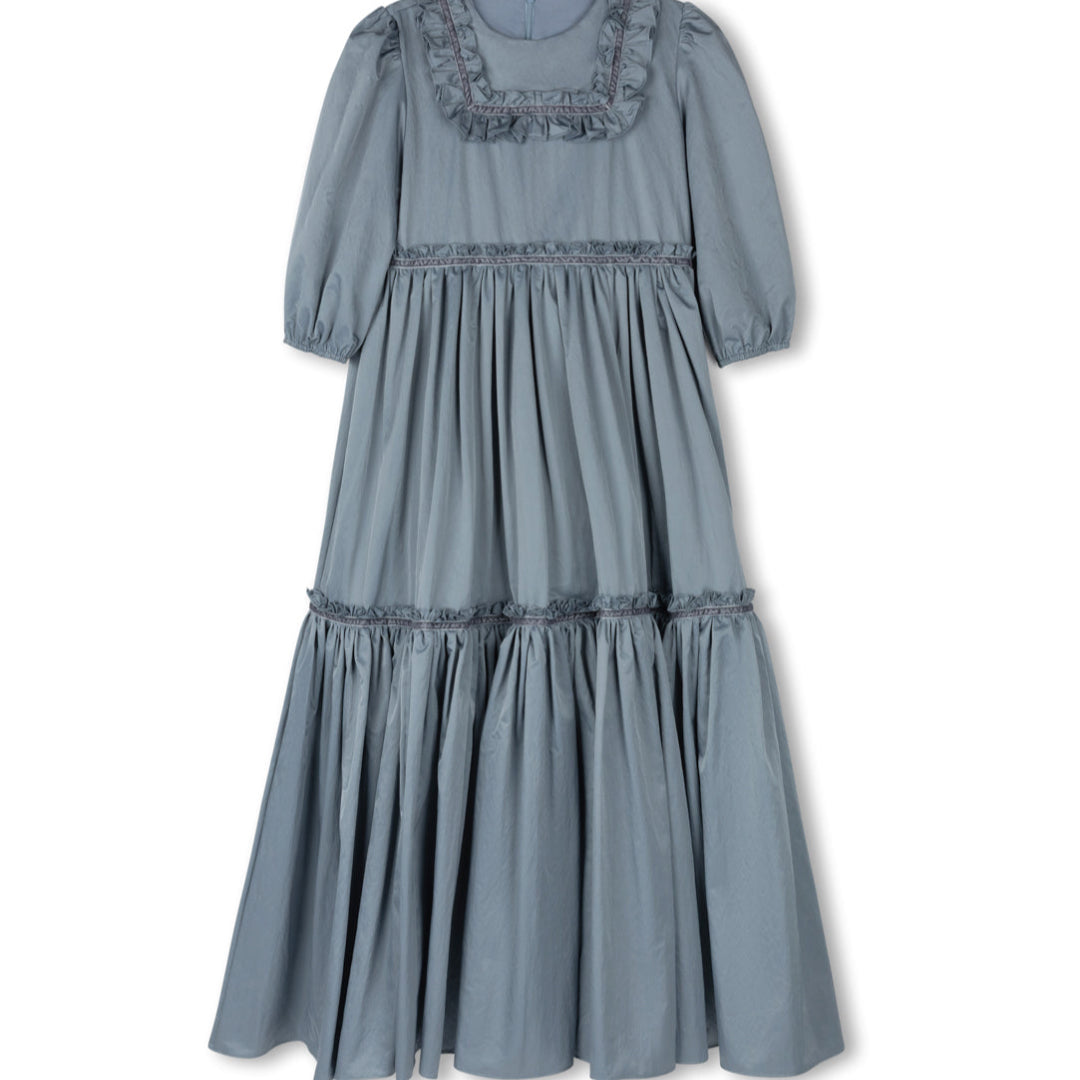 Blue Taffeta Tiered Ankle Gown