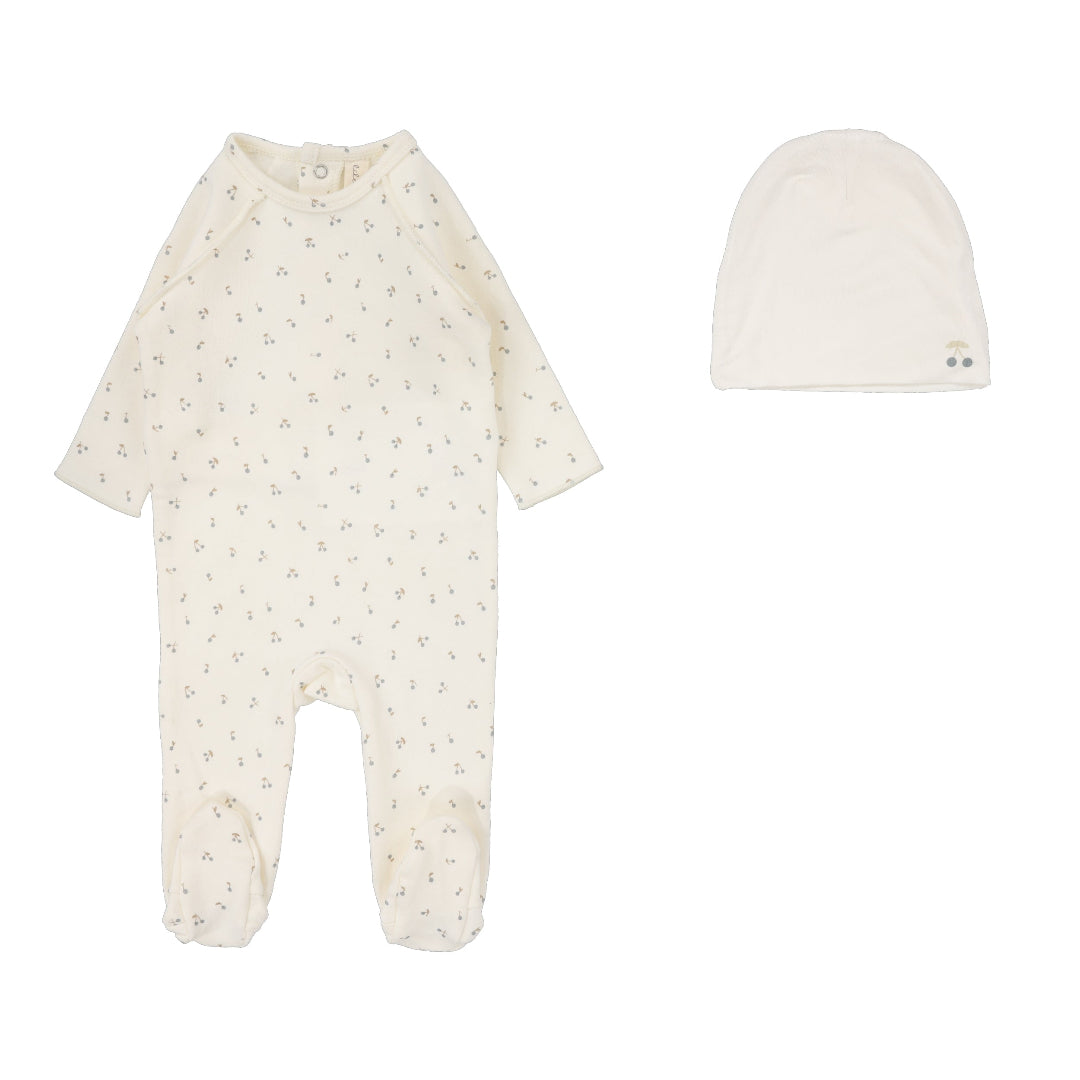 Cream/Blue Cherry Print Footie Set