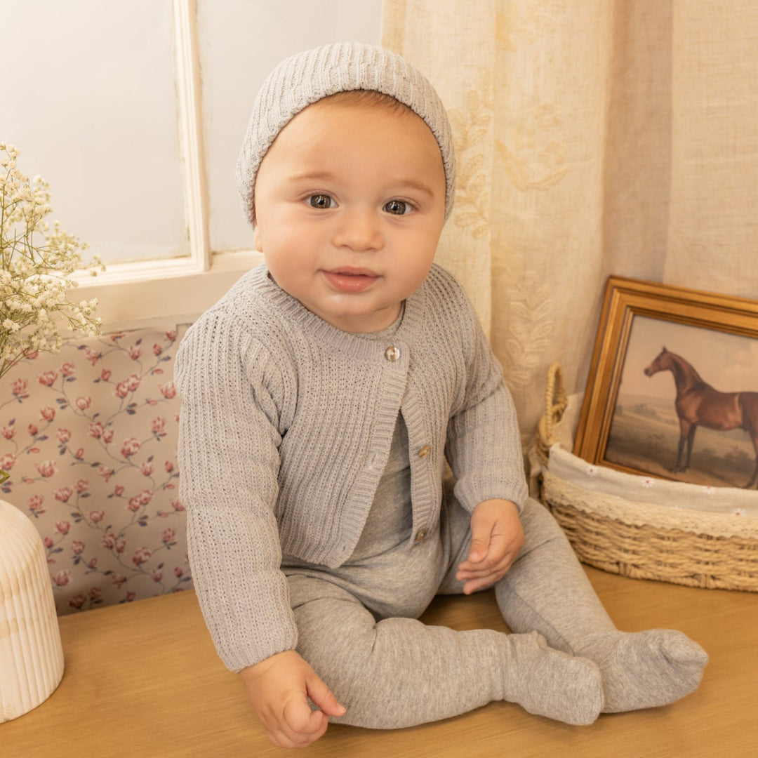 Mid Grey Chenille Cardigan Footie/Beanie