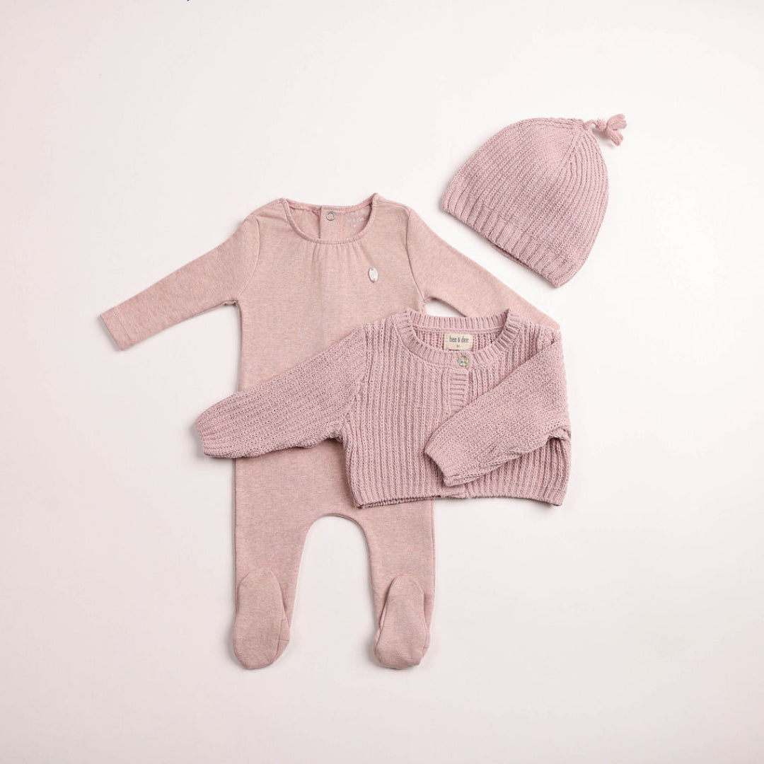 Tea Rose Chenille Cardigan Footie/Beanie Set