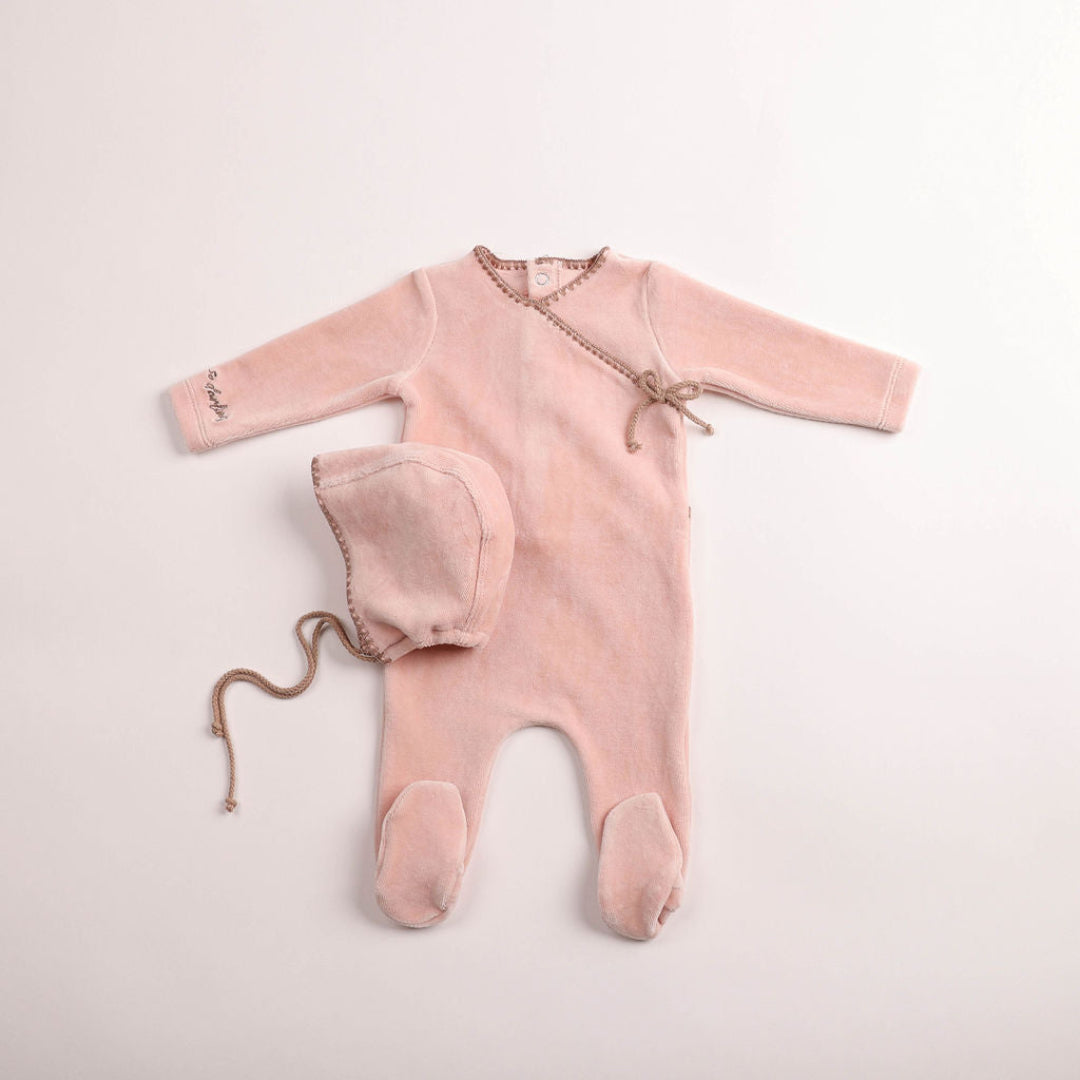 Rose Classic Stitch Velour Footie/Bonnet