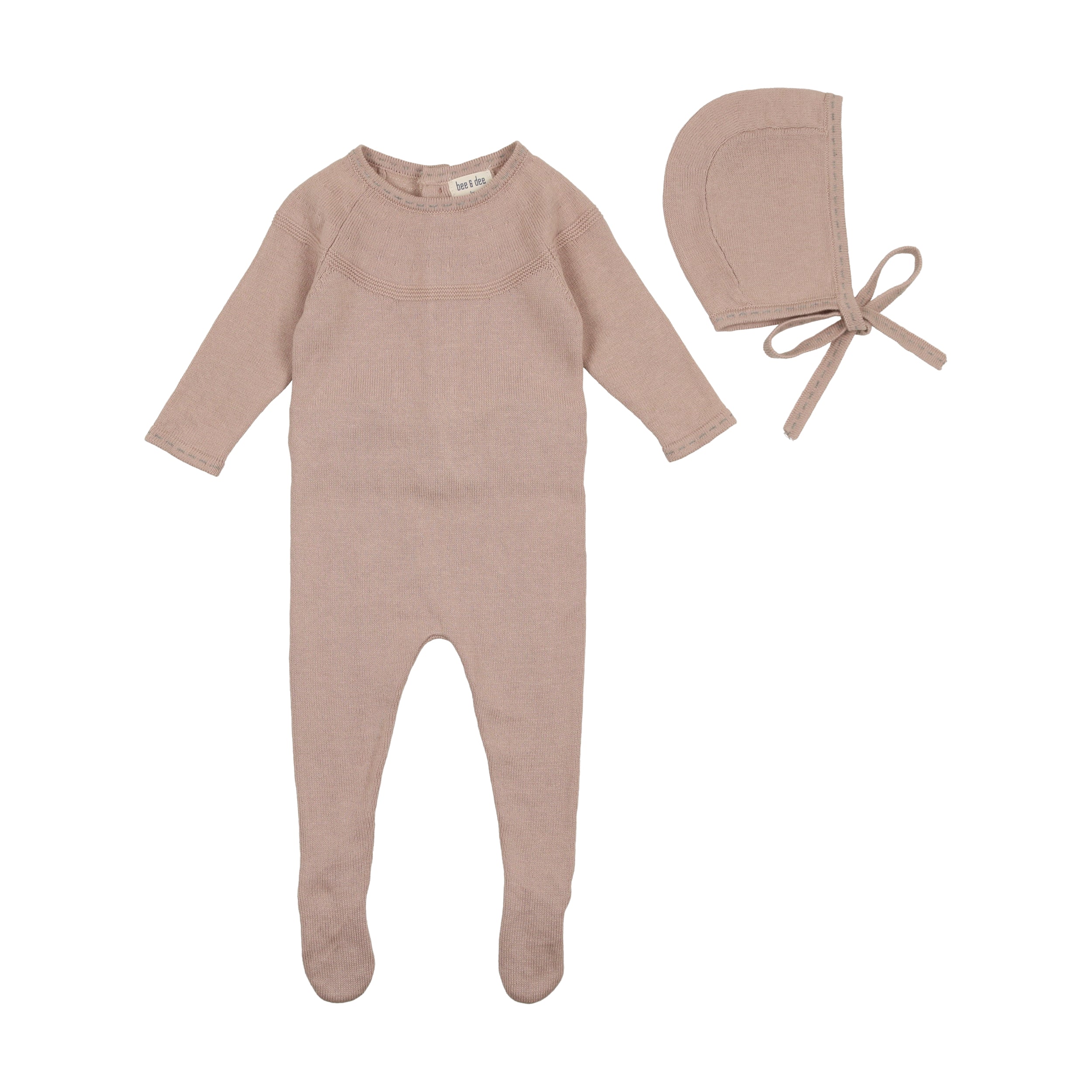 Cinnamon Pink Contrast Stitch Knit Footie & Bonnet Set