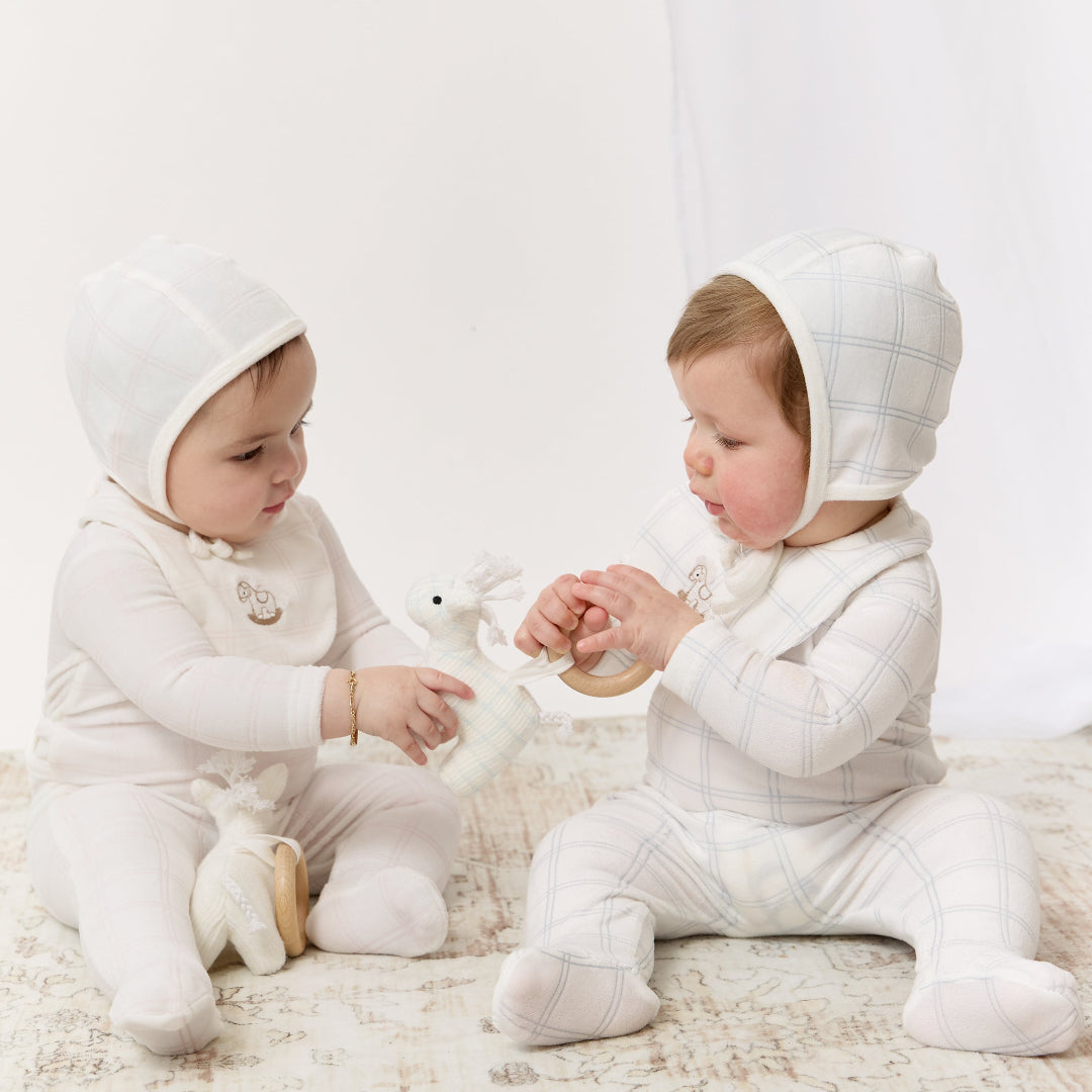 Blue Petit Ours Whinny Plaid Velour Footie and Bonnet Set