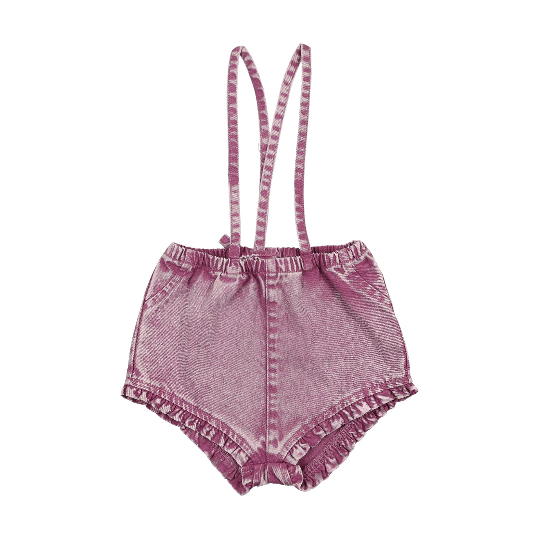 Mauve Denim Ruffled Overall With Straps