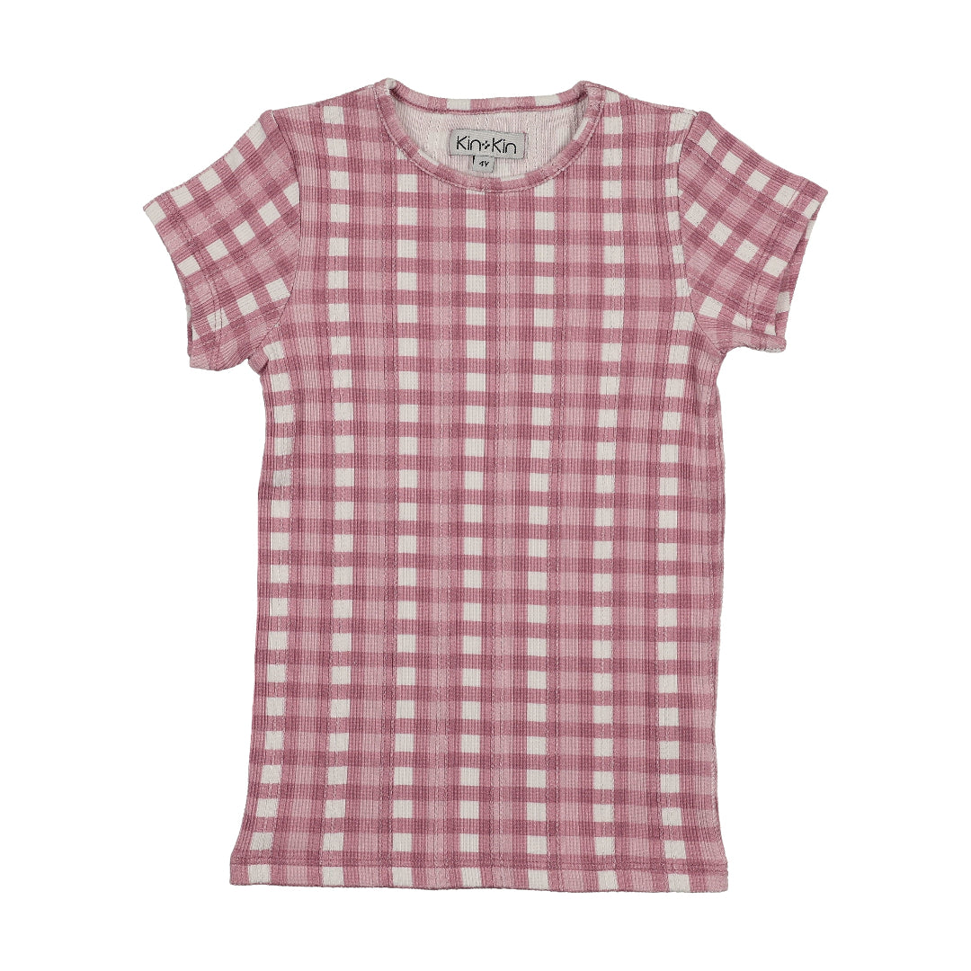 Mauve Gingham Printed SS T-Shirt