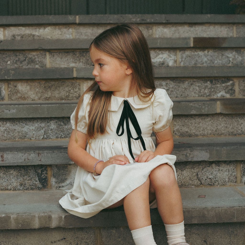 Cream Taffeta Short Sleeved Dress with Ribbon