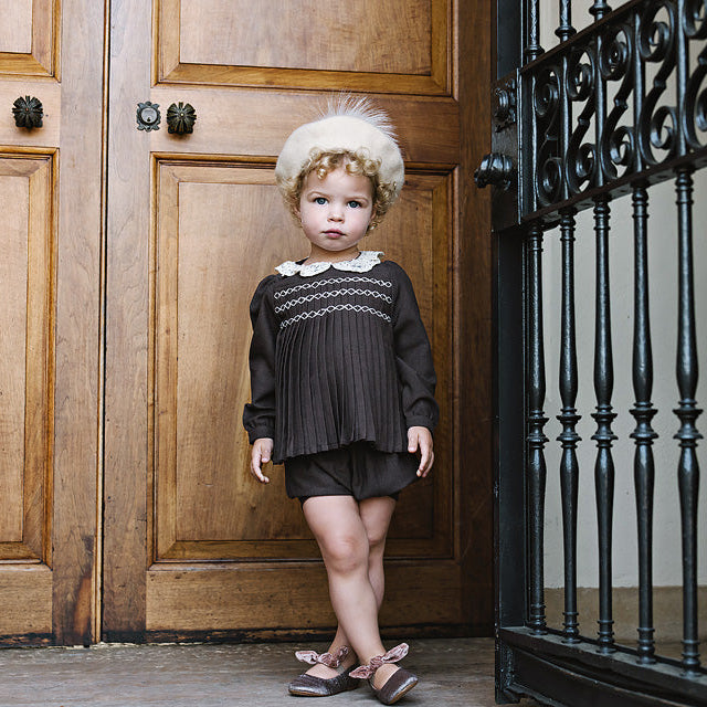 Misty Oat Heather Pleated Girls Set