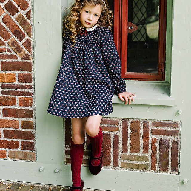 Navy Print Home Garden Laced Trimmed Dress