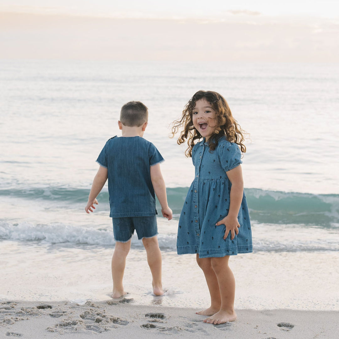 Denim Floral Short Sleeve Dress