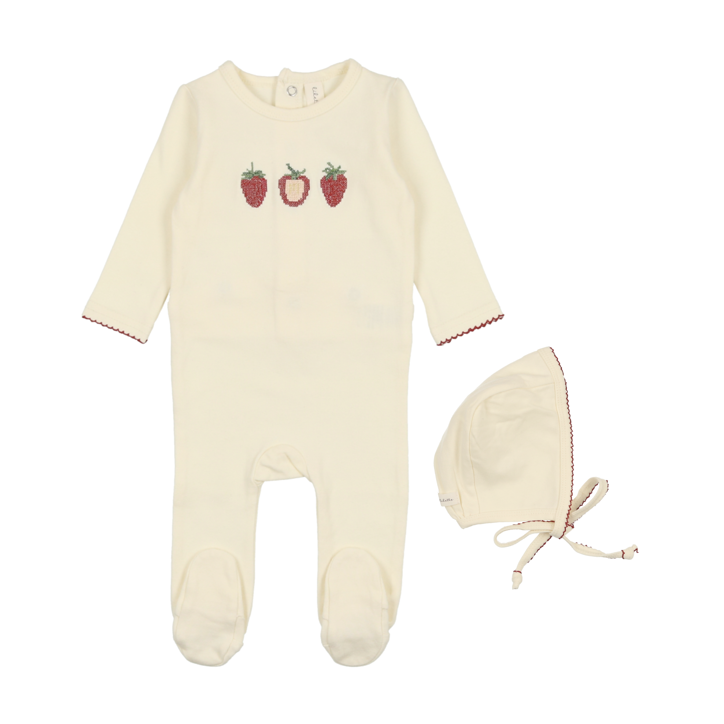 Ivory/Strawberry Embroidered Fruit Footie & Bonnet