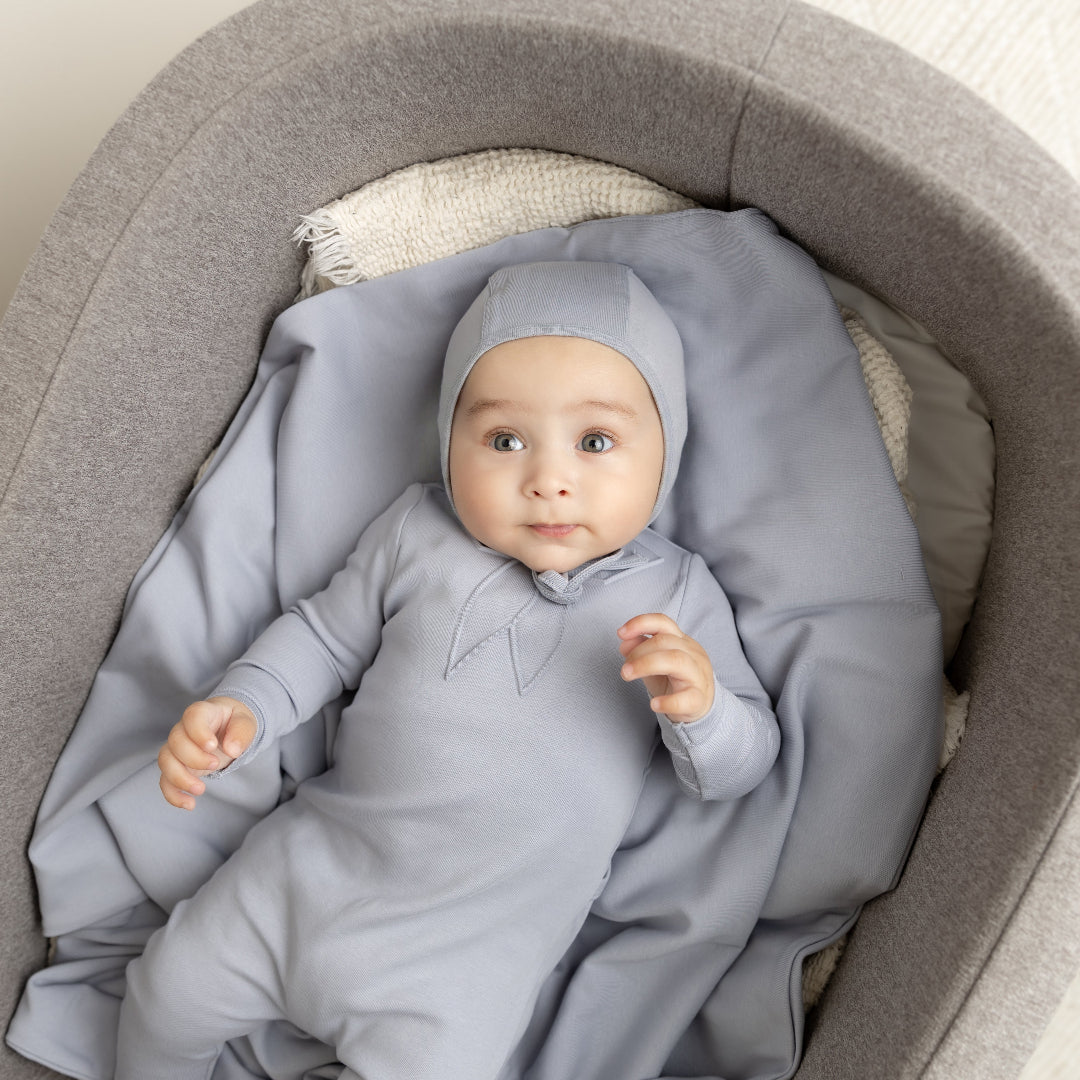 Dusty Blue Embossed Collar Footie/Bonnet