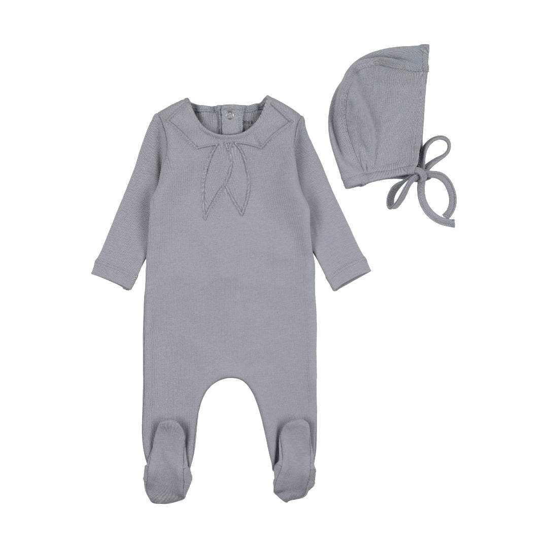 Dusty Blue Embossed Collar Footie/Bonnet