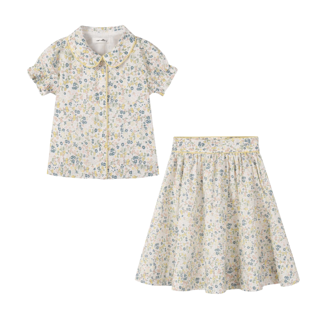 Floral Yellow Blouse & Skirt Girls Set