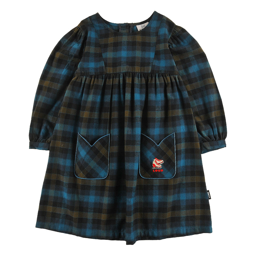 Check Dress Puff Sleeve Tulip Pockets