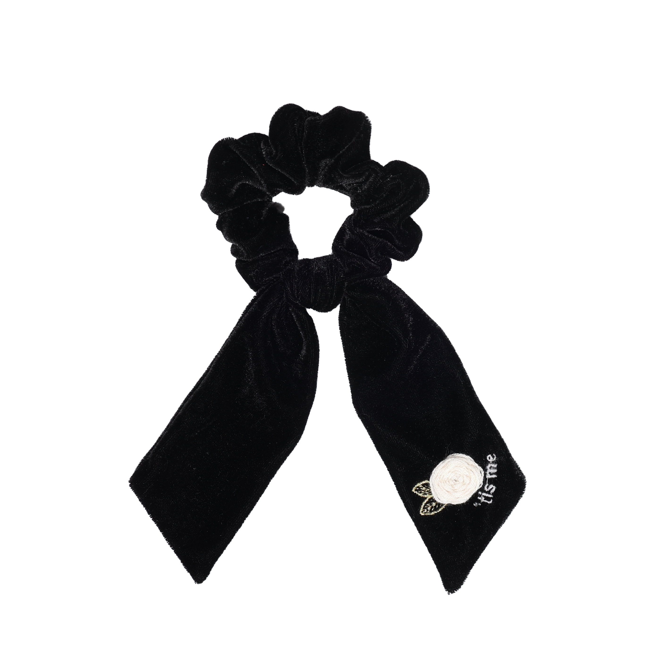 Black Velvet Embroidery Ribbon Tie On Scrunchie