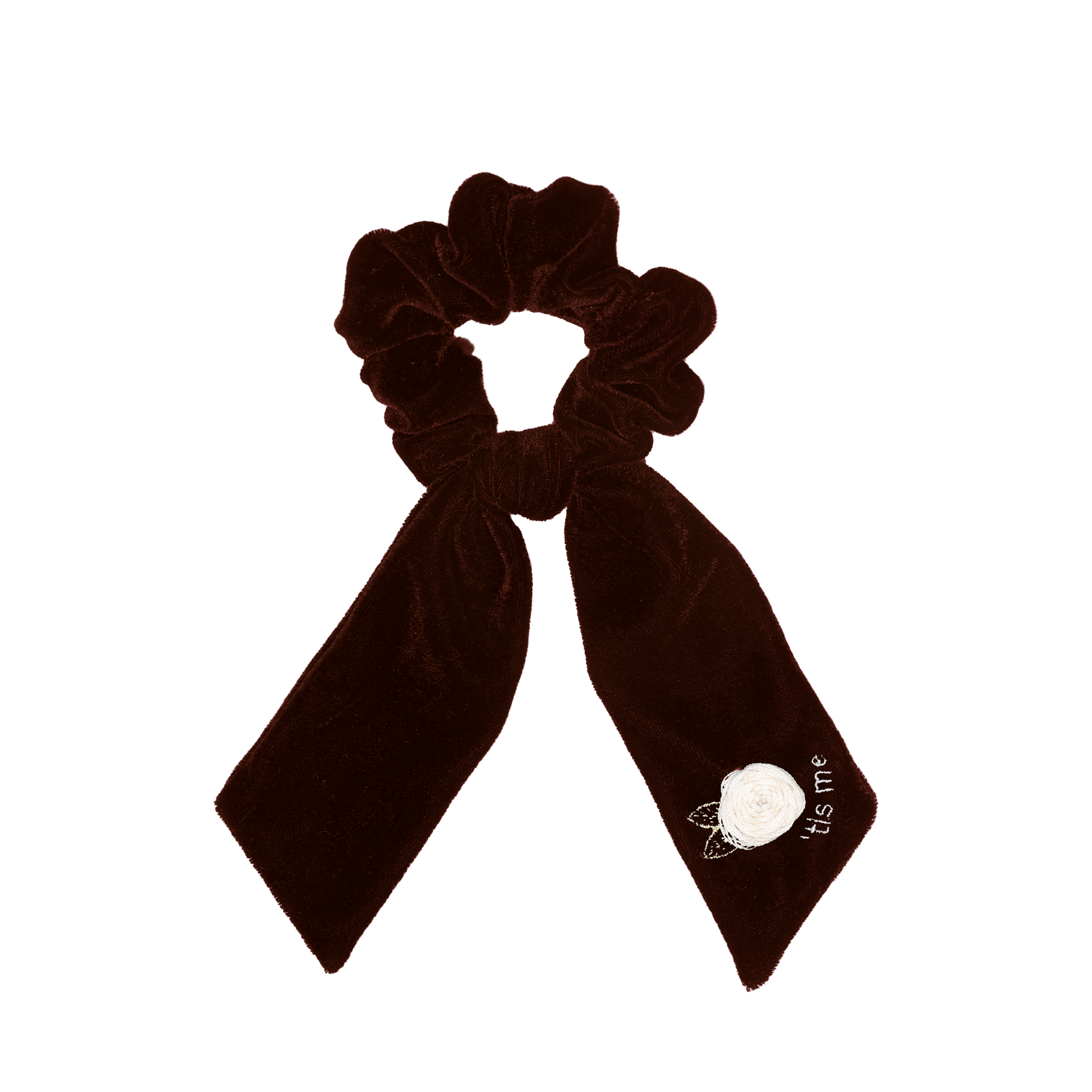 Brown Velvet Embroidery Ribbon Tie On Scrunchie