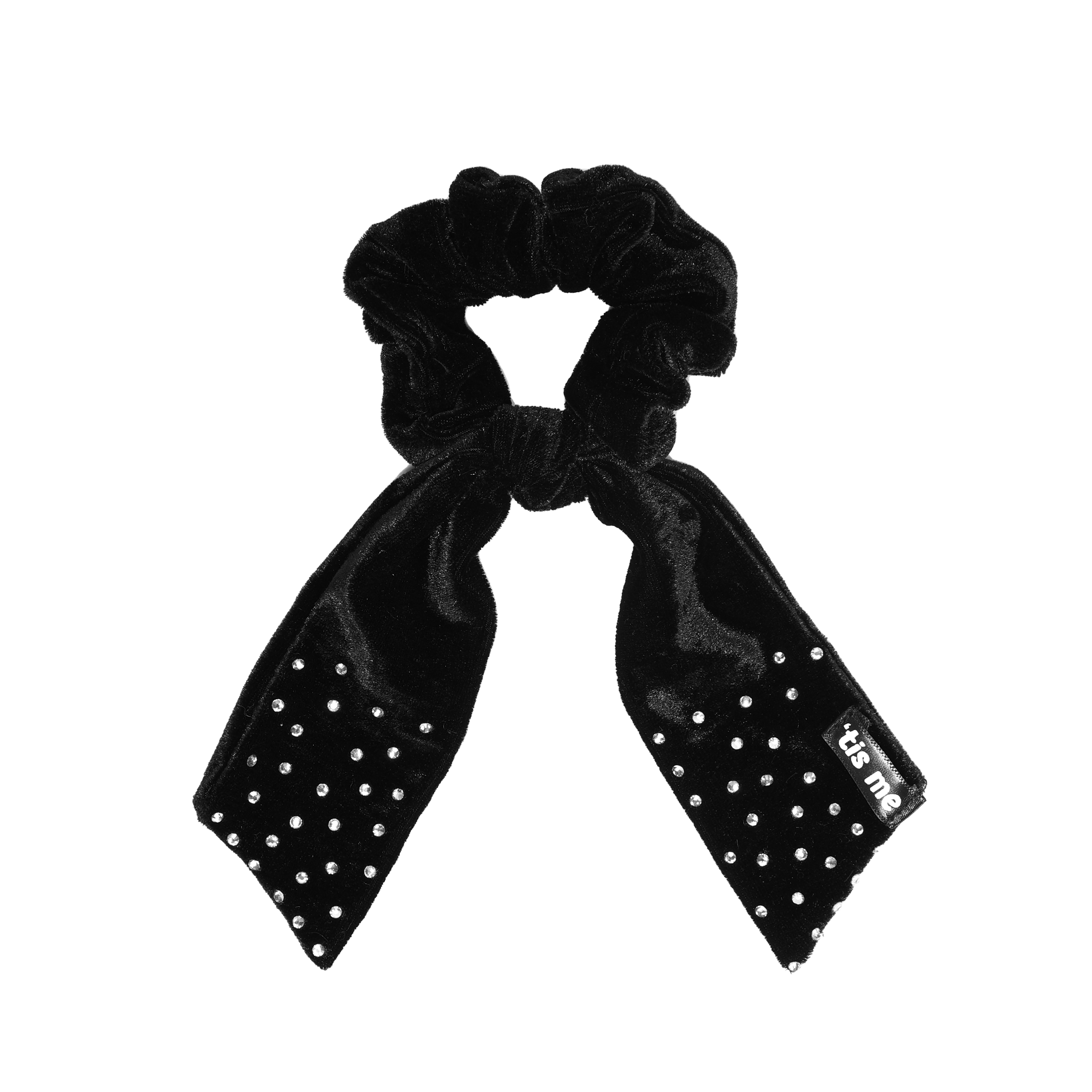 Black Velvet Swarovski Studded Ribbon Tie On Scrunchie