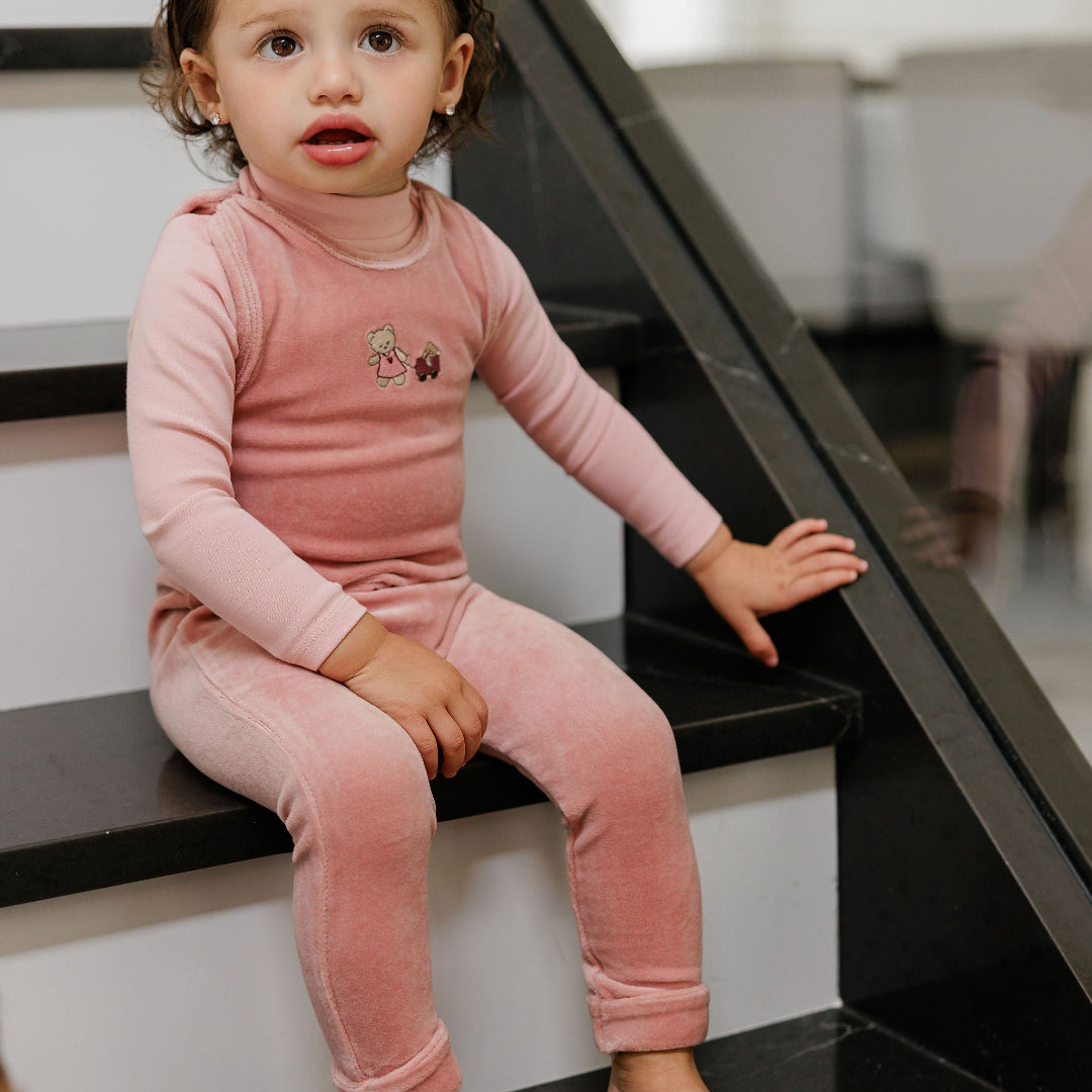 Pink Embroidered Bear Collection Mockneck Bodysuit & Overall