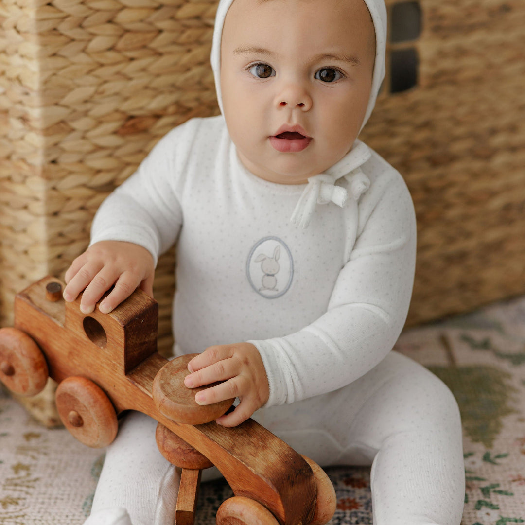 Ivory Boy Bunny Pin Dot Collection Velour Footie