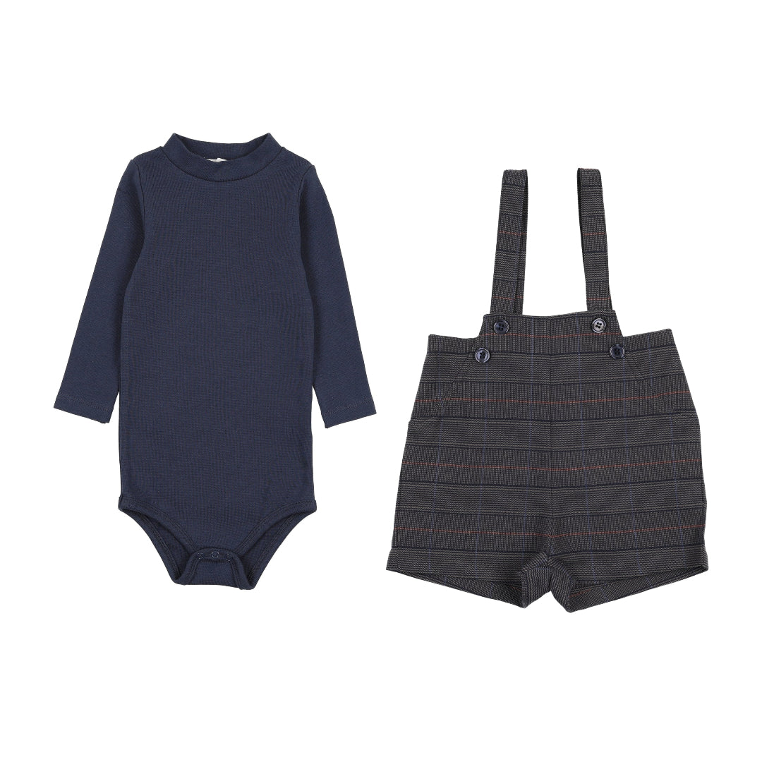 Navy Plaid Baby Overall + Onesie Set
