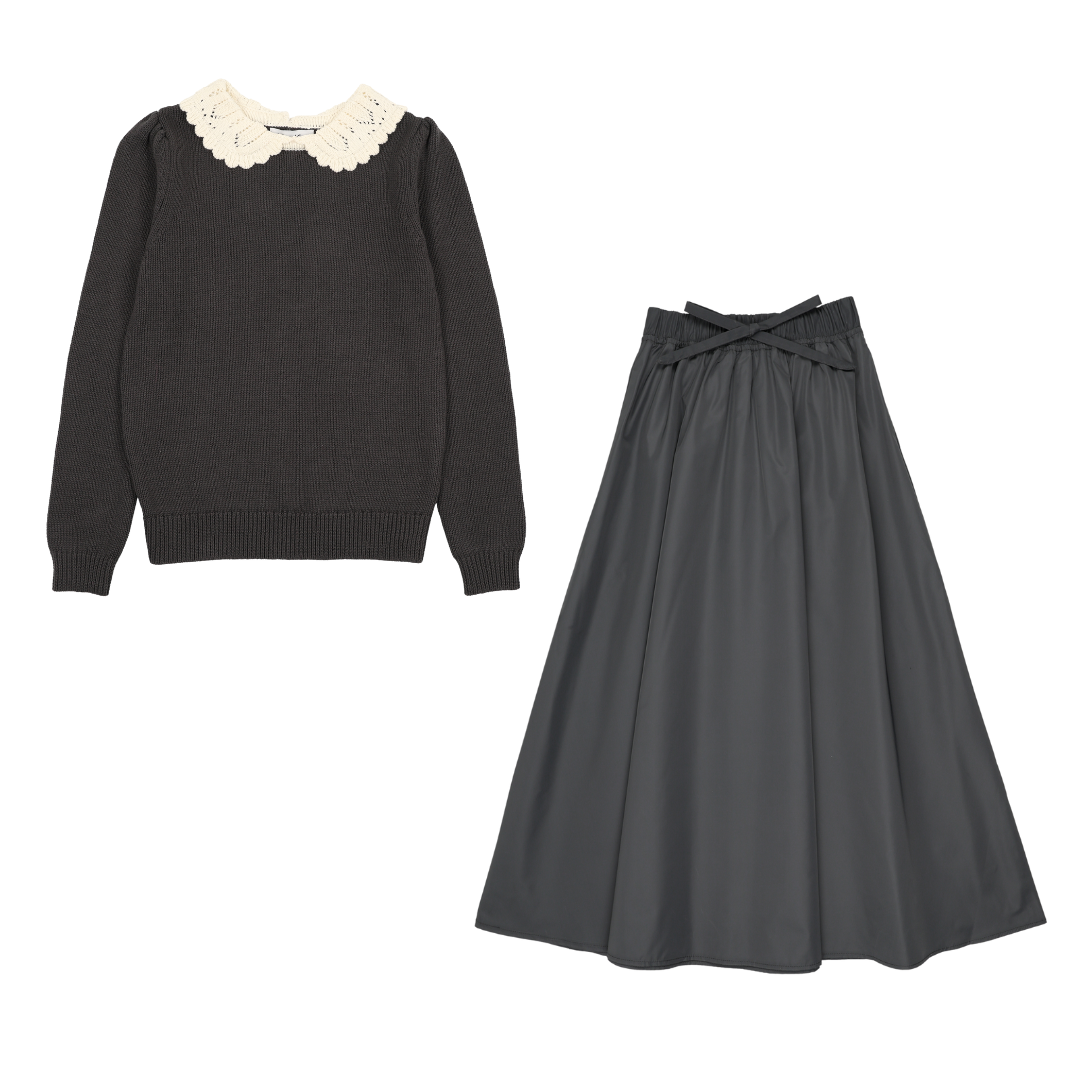 Teen Grey Knit Sweater + Maxi Taffeta Skirt Set