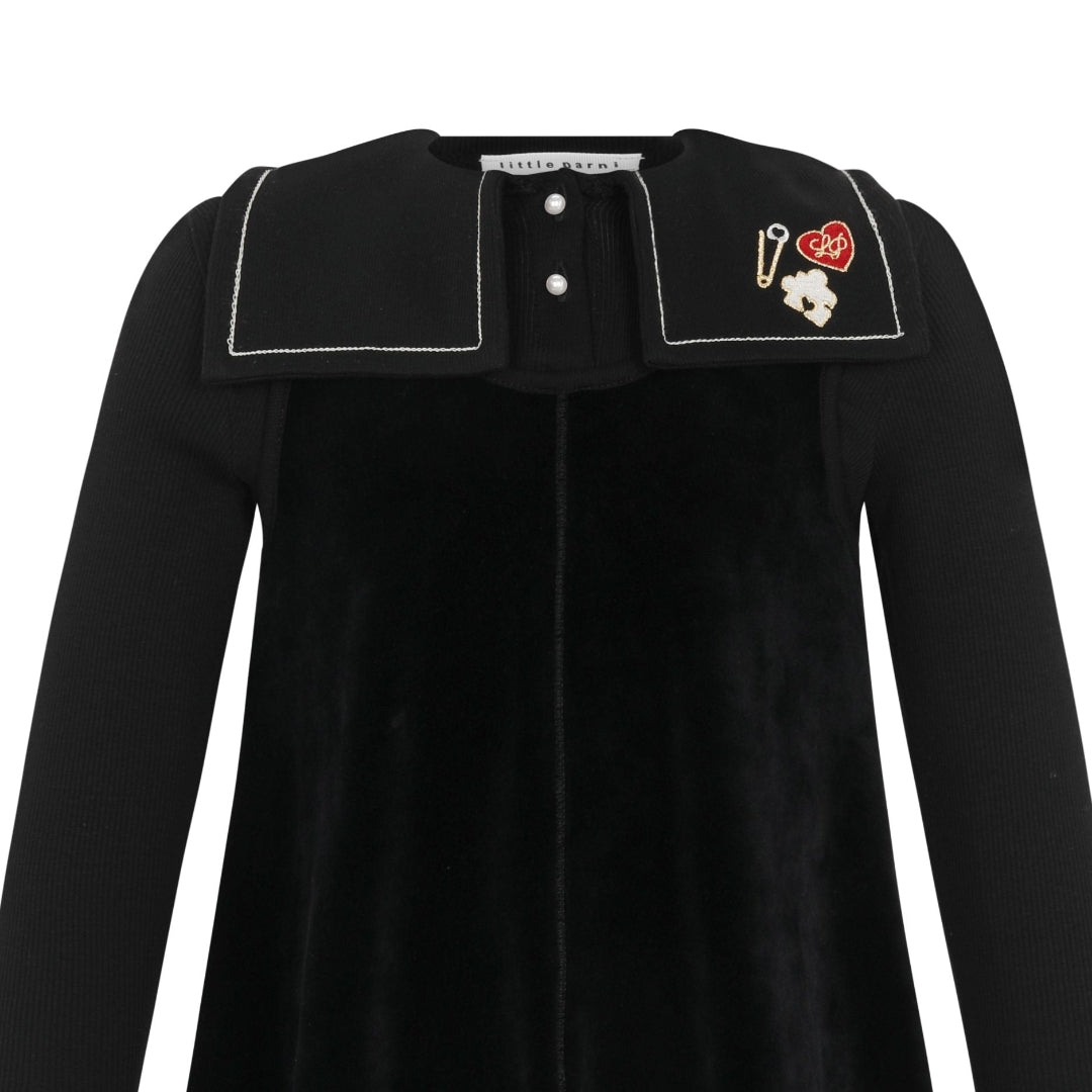 Black Embroidered Collar Velour Maxi