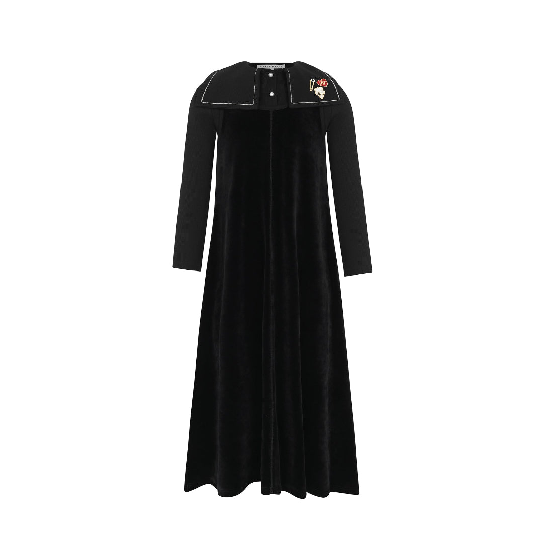 Black Embroidered Collar Velour Maxi