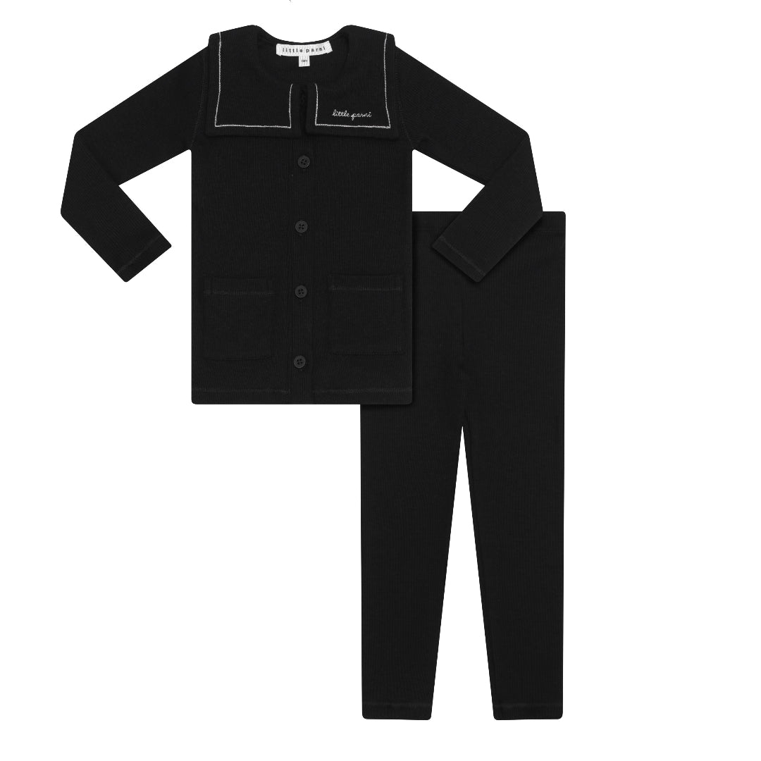 Black Embroidered Collar Cardigan Set