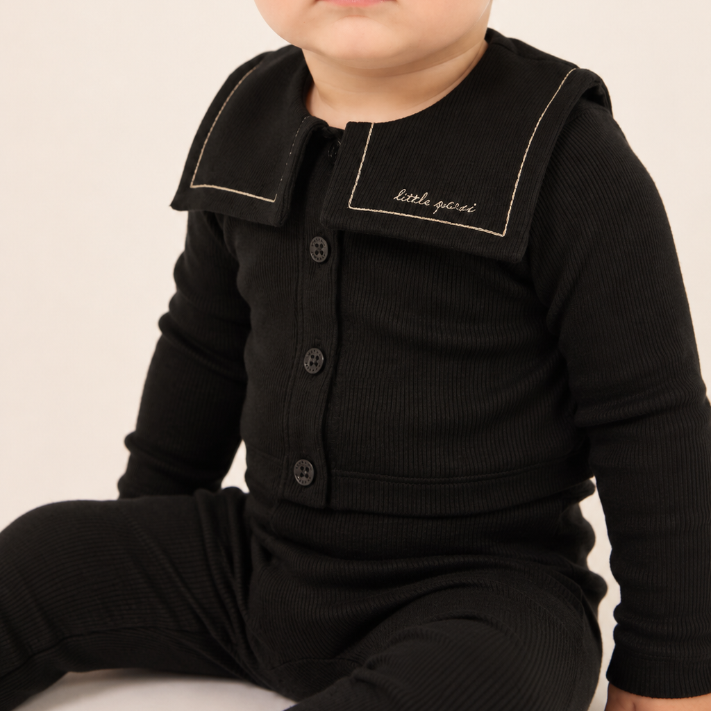 Black Embroidered Collar Cardigan Set