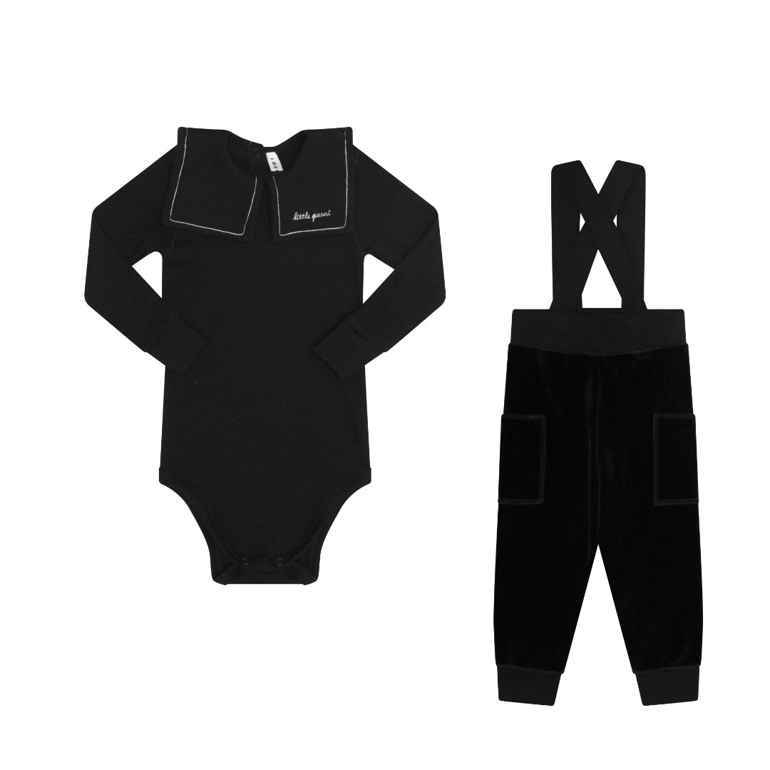 Black Embroidered Collar Velour Overall Set
