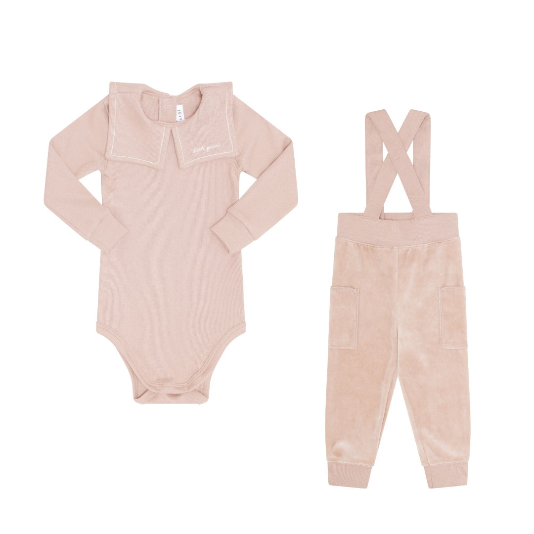 Pink Embroidered Collar Velour Overall Set
