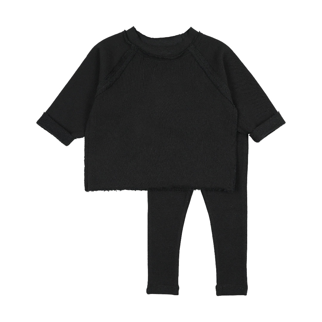 Black Raglan Sleeve Raw Edge Sweatshirt + Legging Set