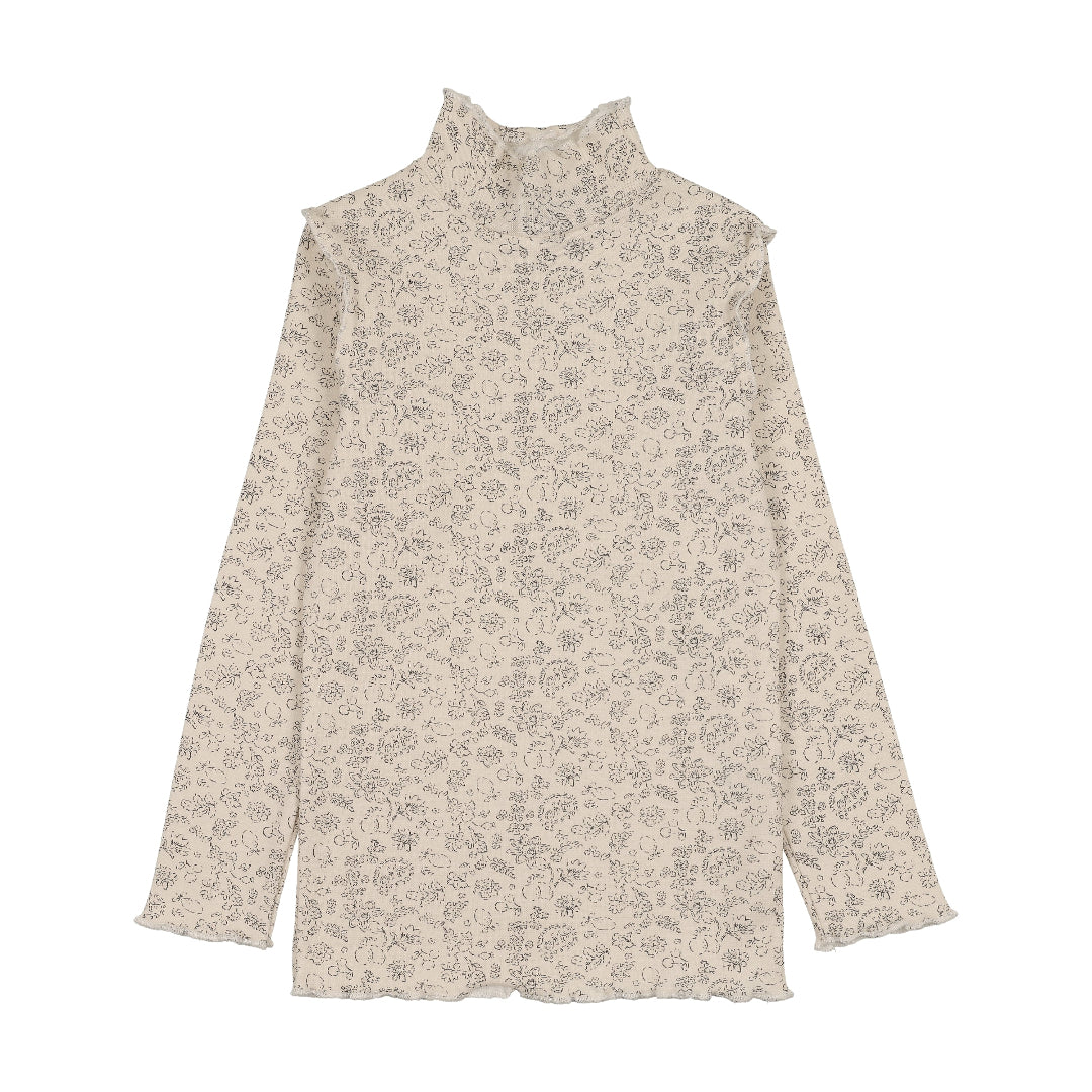 Chestnut Floral Print Scalloped Edge Mockneck