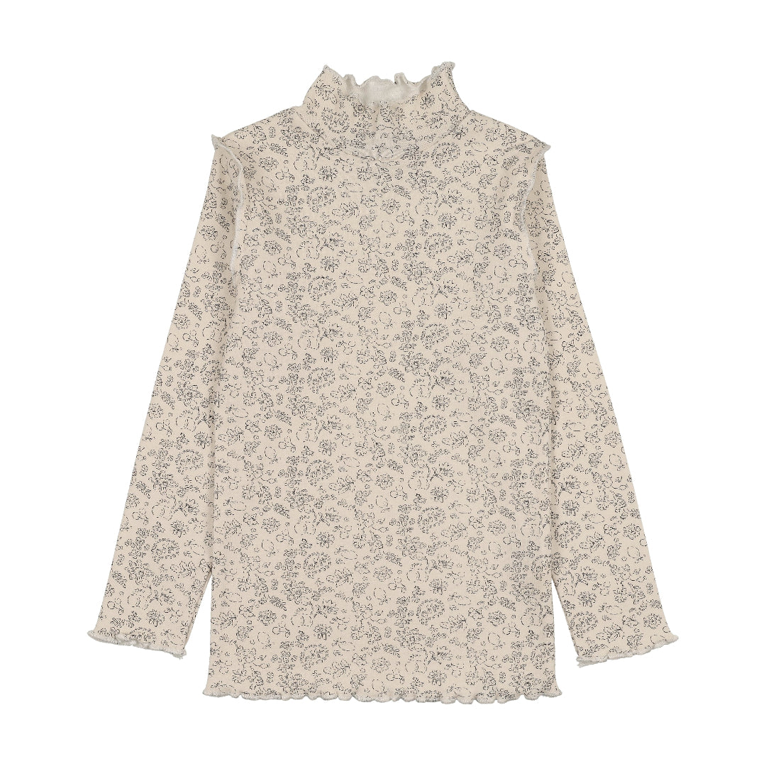 Black Floral Print Scalloped Edge Mockneck