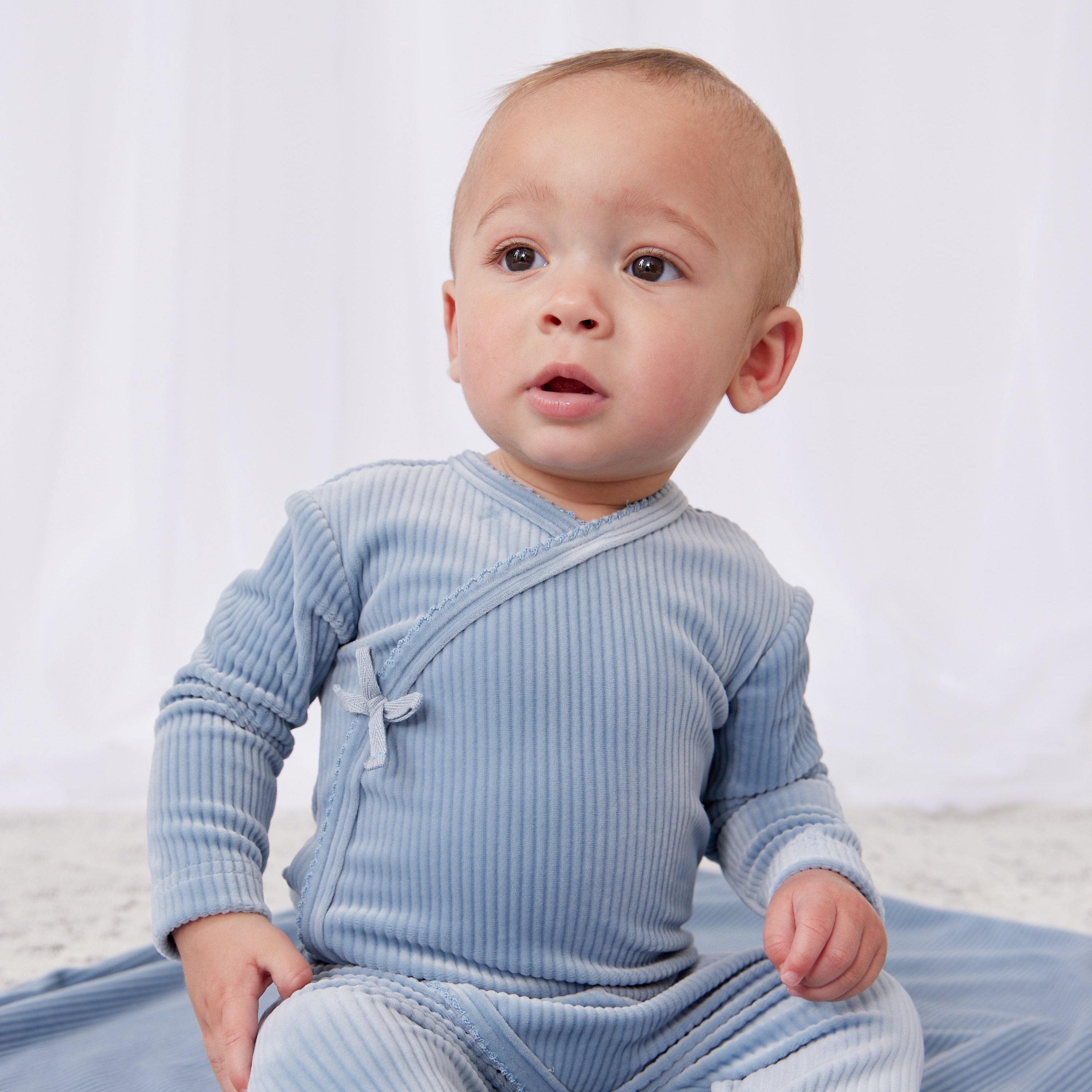 Blue Velour Pointelle Romper & Bonnet Set