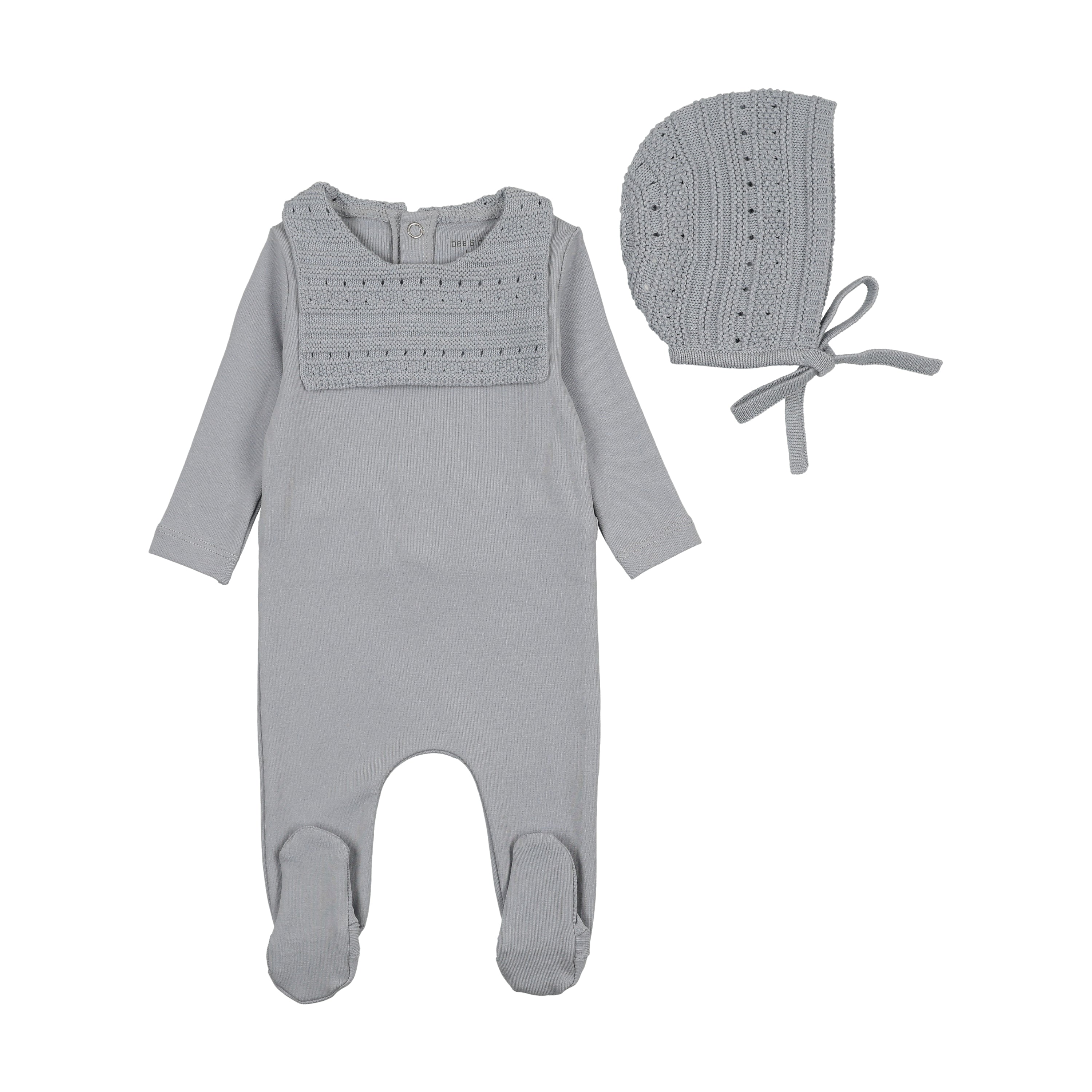 Dusty Blue Knit Bibette Footie/Bonnet