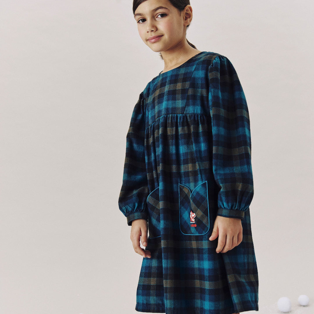 Check Dress Puff Sleeve Tulip Pockets
