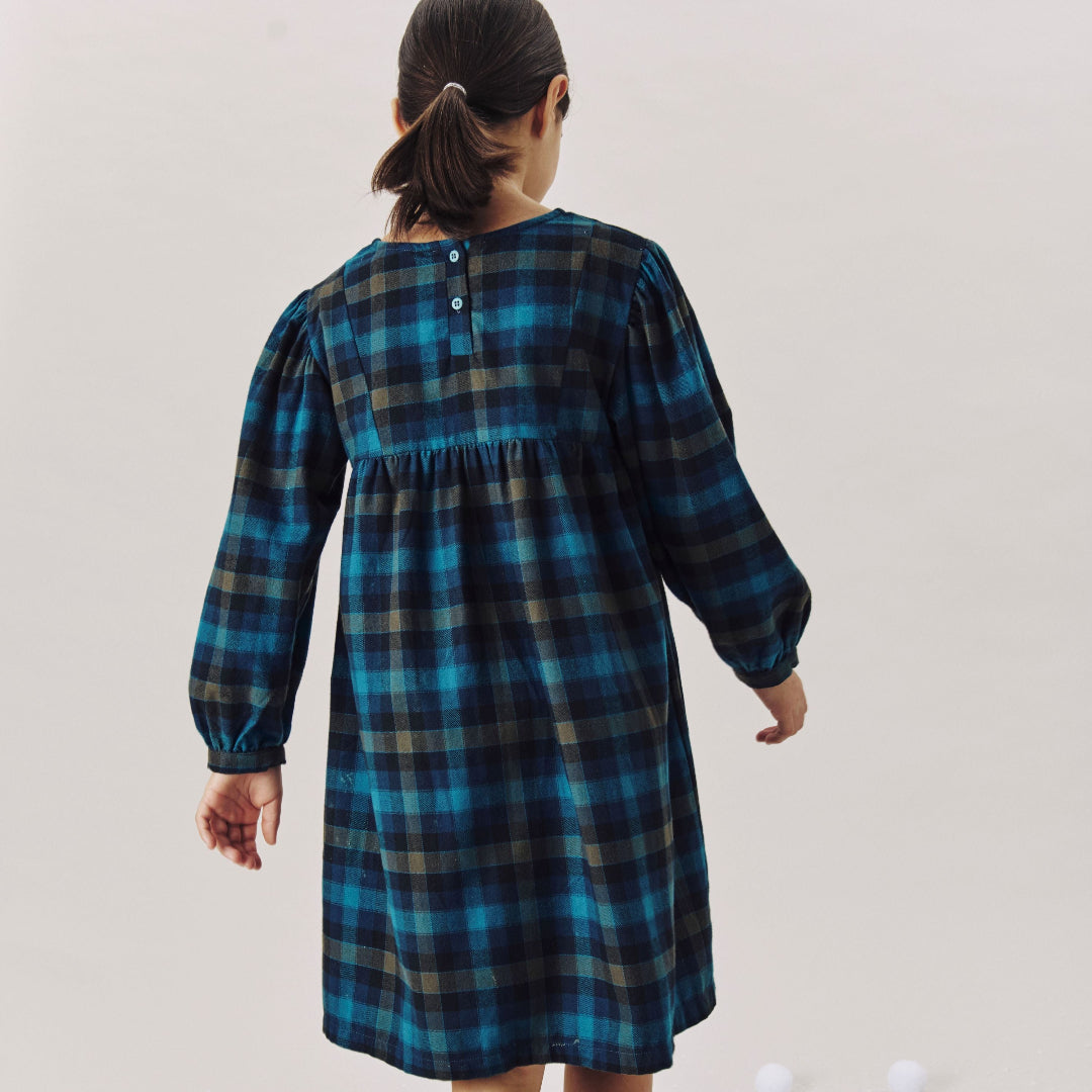 Check Dress Puff Sleeve Tulip Pockets