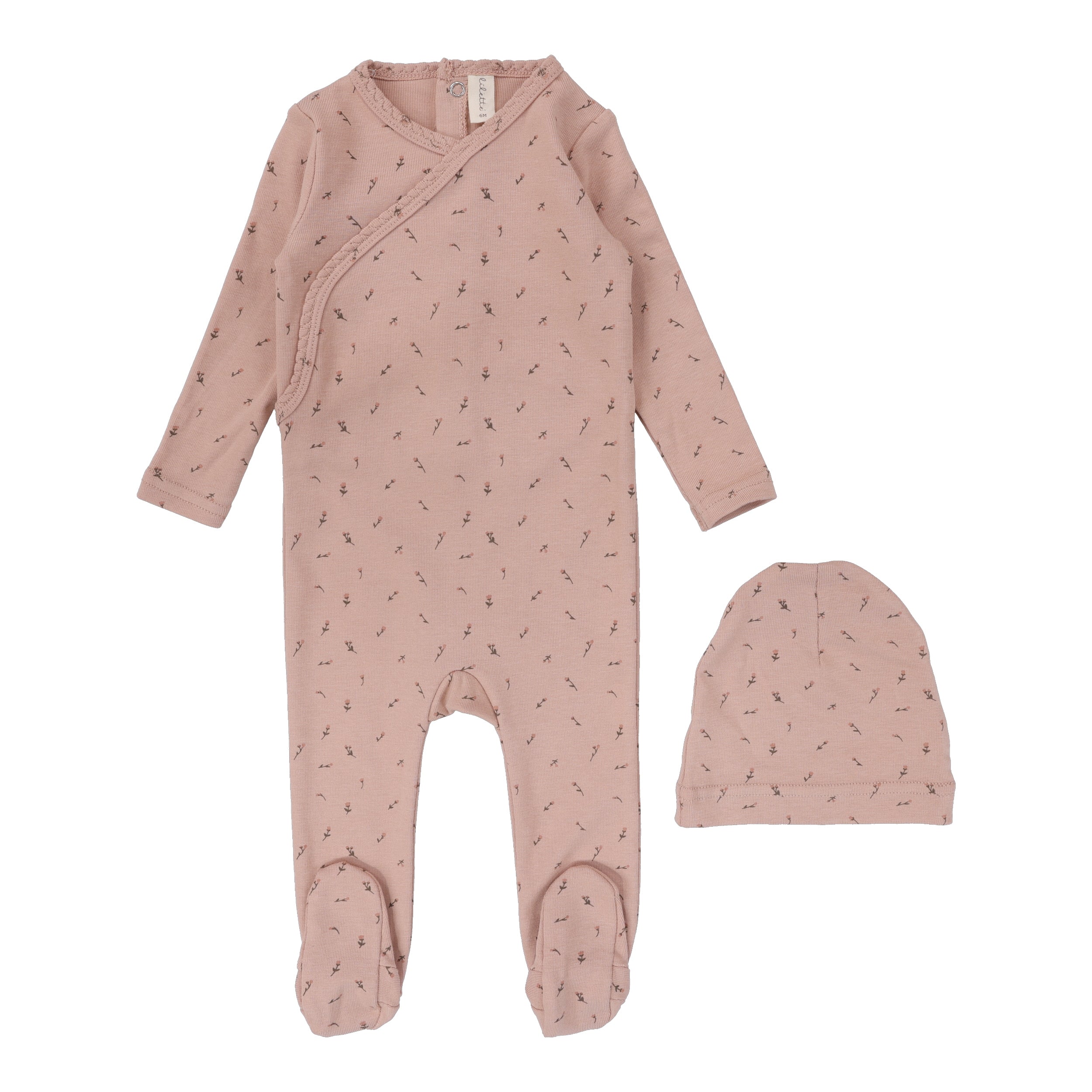 Pink Scattered Branch Printed Wrapover Footie Set