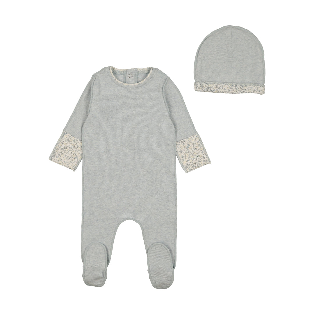 Heathered Blue Lemon Print Cuffs Footie/Beanie