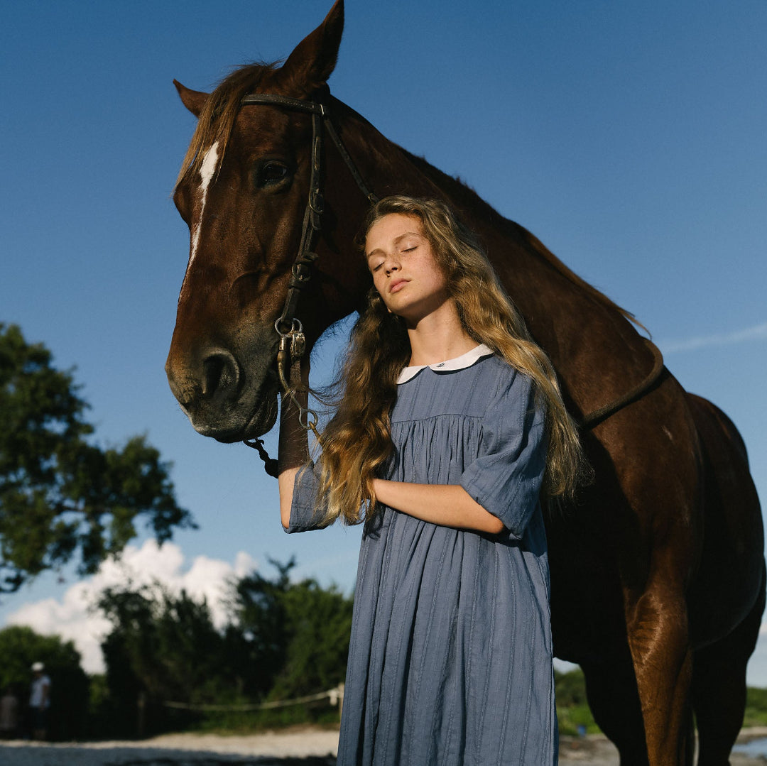 Off Blue 3/4 Sleeve Embroidered Collar Maxi
