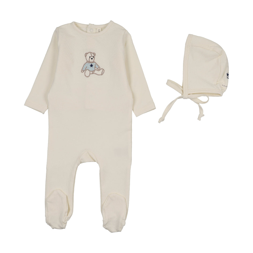 Cream/Blue Sweet Bear Footie Set