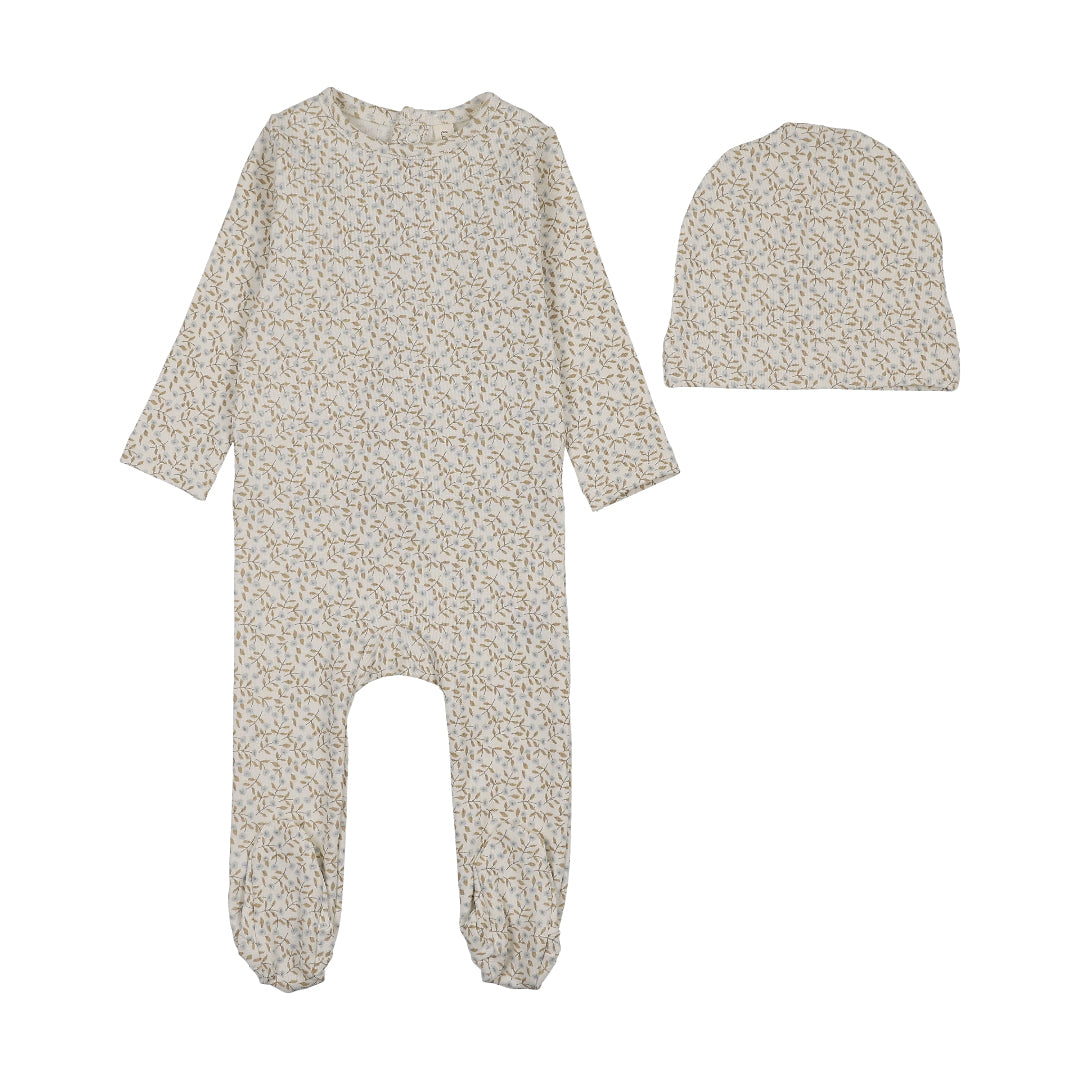 Cream/Blue Dahlia Vines Print Footie Set